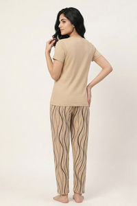 Zivame Wavy Stripes Knit Cotton Pyjama Set - Warm Sand — thumbnail 2